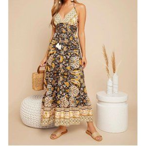 Boho Floral Print Backless Ruffle Hem Halter Dress